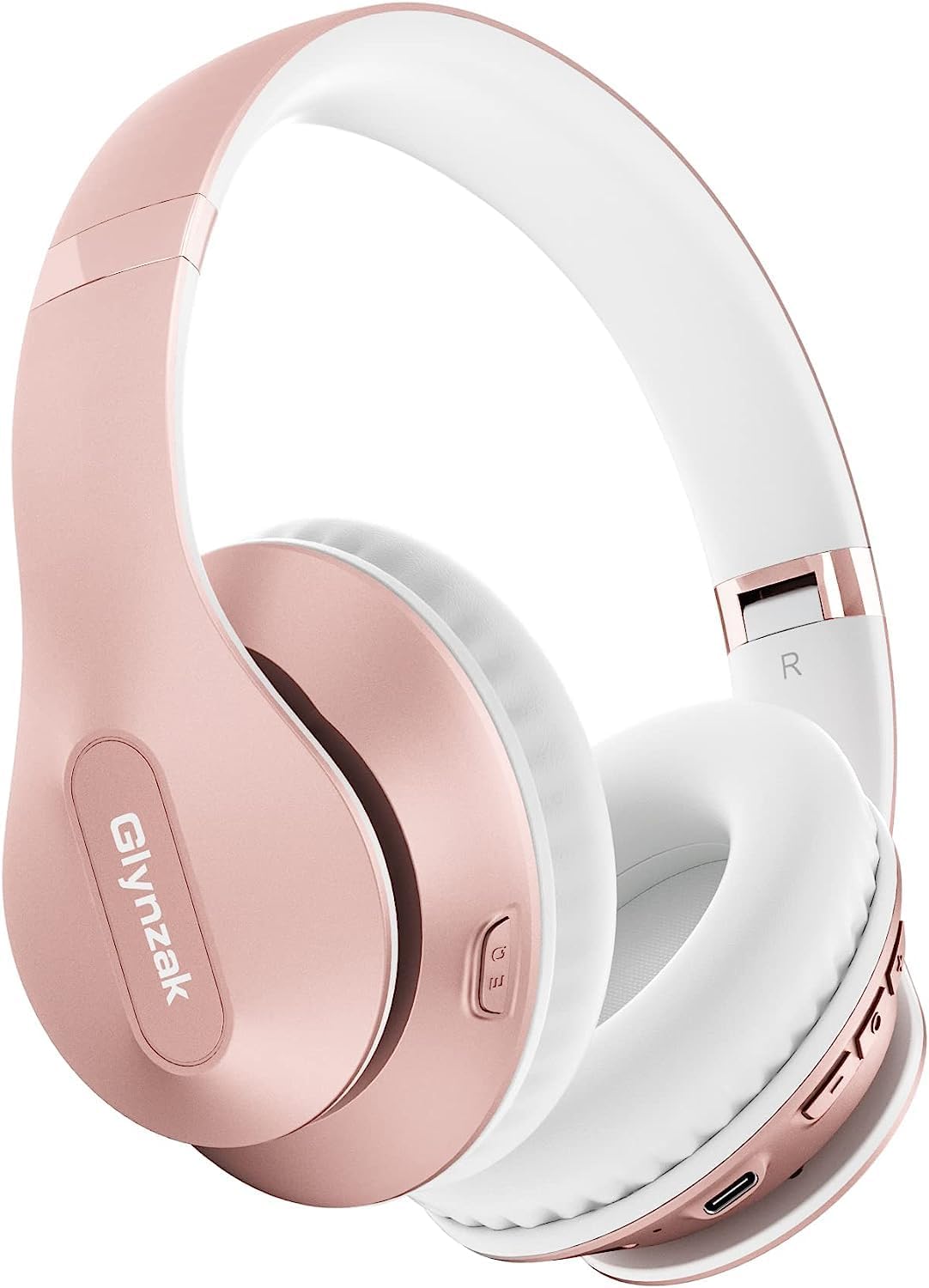 Glynzak Wireless Headphones Over Ear 65H Playtime HiFi Stereo Headset with Microphone and 6EQ Modes Foldable Bluetooth V5.3 Headphones for Travel Smartphone Computer Laptop Rose Gold WH207A