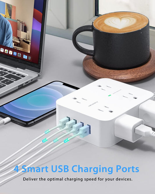 Surge Protector Power Strip - 8 Widely Outlets with 4 USB Charging Ports, 3 Side Outlet Extender with 5Ft Braided Extension Cord, Flat Plug, Wall Mount, Desk USB Charging Station for Home Office ETL