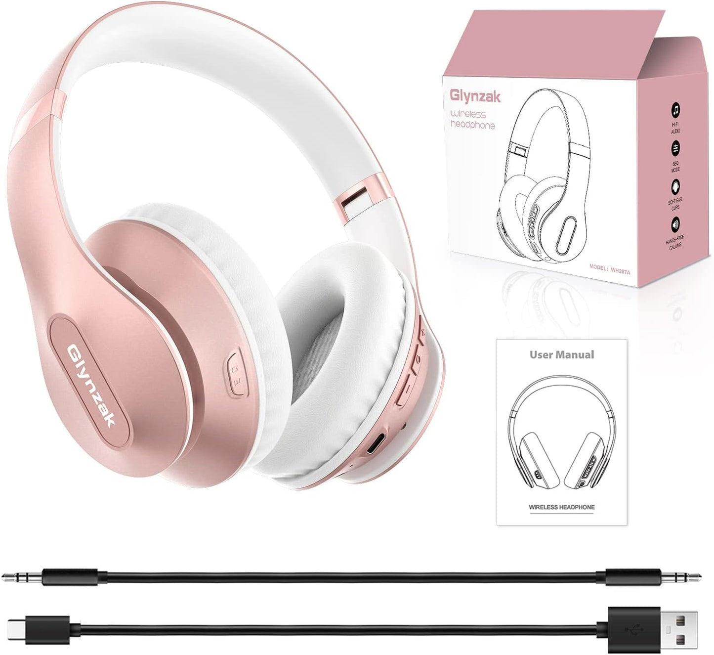 Glynzak Wireless Headphones Over Ear 65H Playtime HiFi Stereo Headset with Microphone and 6EQ Modes Foldable Bluetooth V5.3 Headphones for Travel Smartphone Computer Laptop Rose Gold WH207A