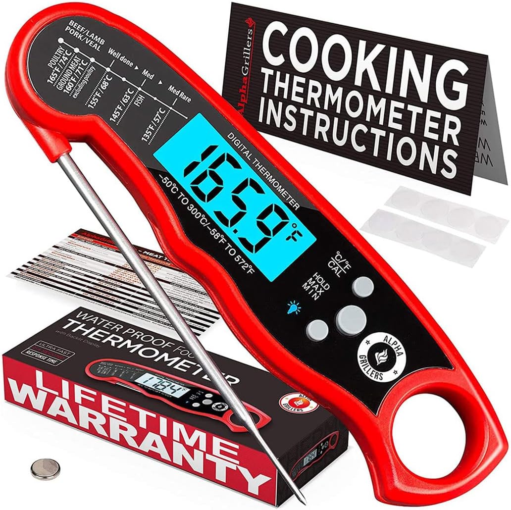 Alpha Grillers Instant Read Meat Thermometer for Grill and Cooking. Best Waterproof Ultra Fast Thermometer with Backlight & Calibration. Digital Food Probe for Kitchen, Outdoor Grilling and BBQ!