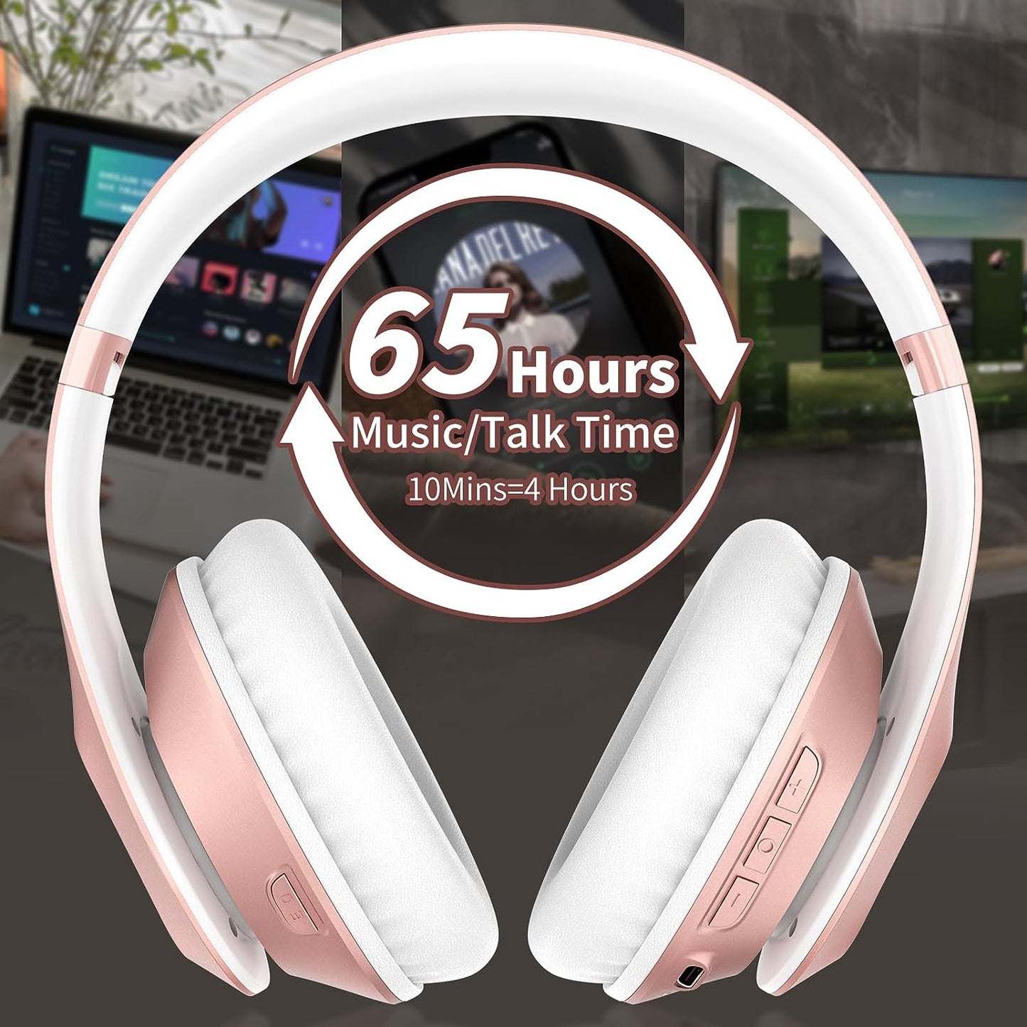 Glynzak Wireless Headphones Over Ear 65H Playtime HiFi Stereo Headset with Microphone and 6EQ Modes Foldable Bluetooth V5.3 Headphones for Travel Smartphone Computer Laptop Rose Gold WH207A