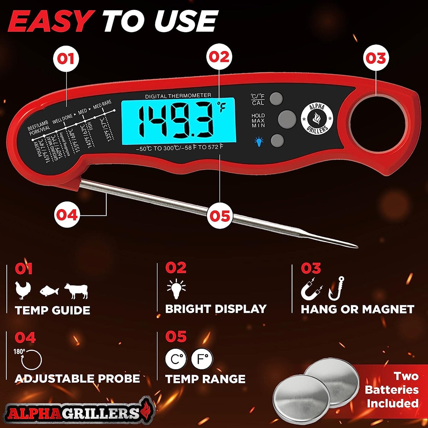 Alpha Grillers Instant Read Meat Thermometer for Grill and Cooking. Best Waterproof Ultra Fast Thermometer with Backlight & Calibration. Digital Food Probe for Kitchen, Outdoor Grilling and BBQ!