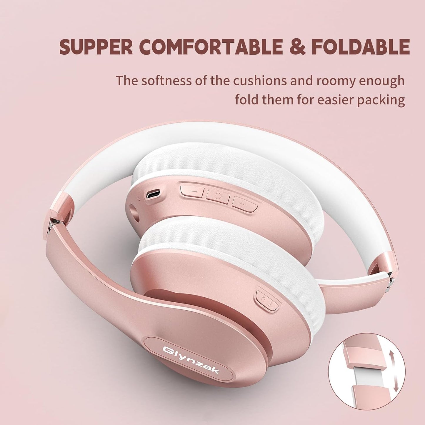 Glynzak Wireless Headphones Over Ear 65H Playtime HiFi Stereo Headset with Microphone and 6EQ Modes Foldable Bluetooth V5.3 Headphones for Travel Smartphone Computer Laptop Rose Gold WH207A