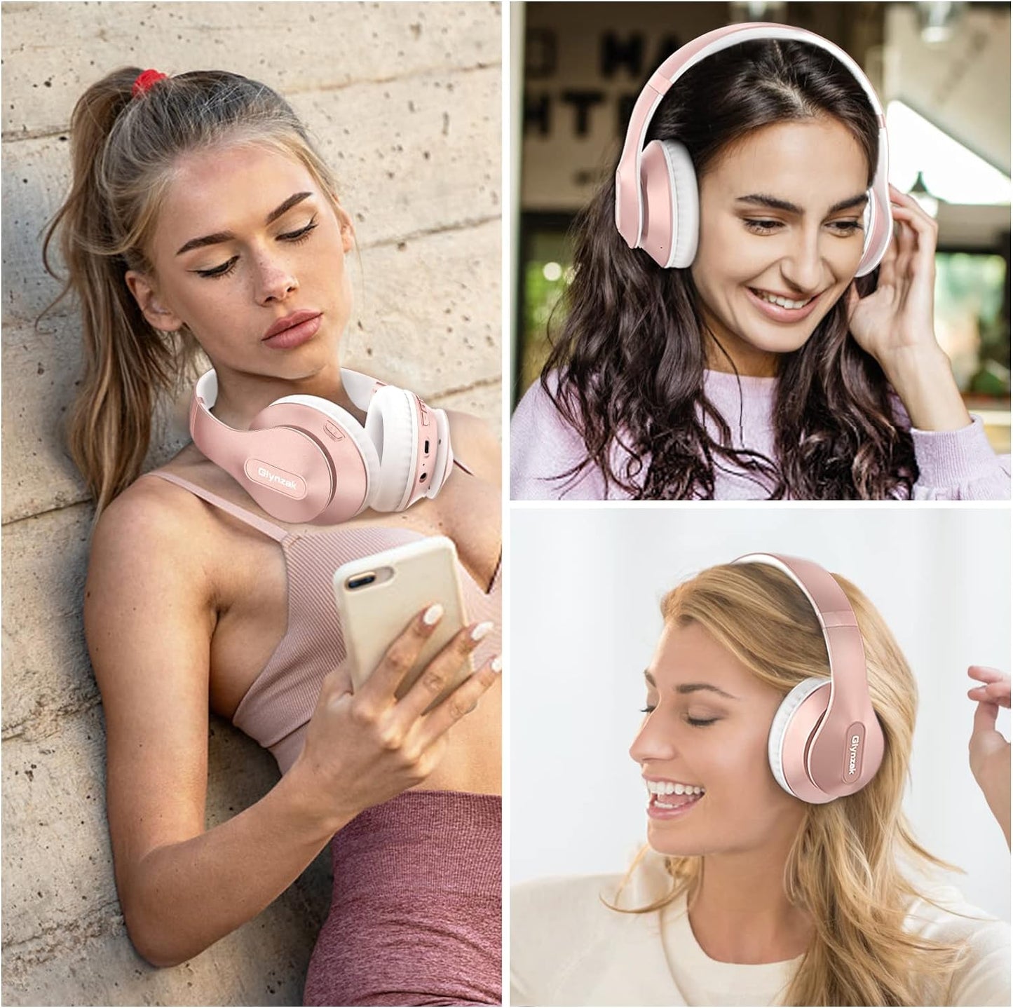 Glynzak Wireless Headphones Over Ear 65H Playtime HiFi Stereo Headset with Microphone and 6EQ Modes Foldable Bluetooth V5.3 Headphones for Travel Smartphone Computer Laptop Rose Gold WH207A