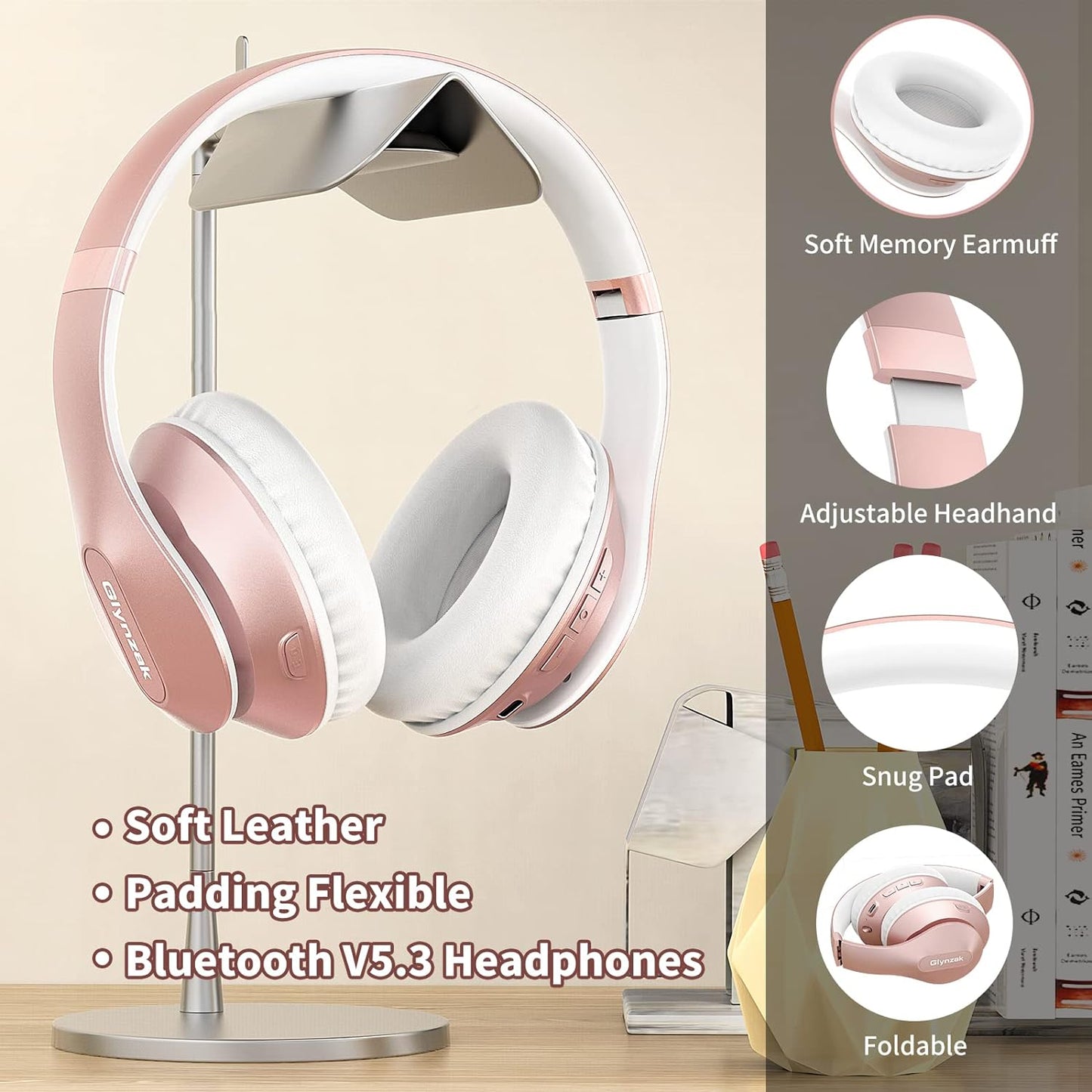 Glynzak Wireless Headphones Over Ear 65H Playtime HiFi Stereo Headset with Microphone and 6EQ Modes Foldable Bluetooth V5.3 Headphones for Travel Smartphone Computer Laptop Rose Gold WH207A