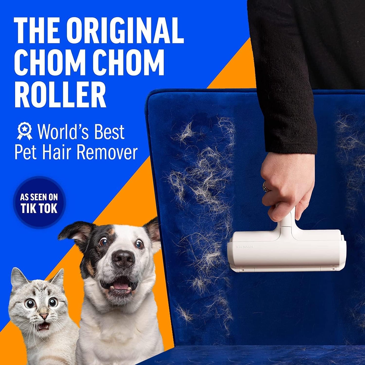 Chom Chom Roller Pet Hair Remover and Reusable Lint Roller - ChomChom Cat and Dog Hair Remover for Furniture, Couch, Carpet, Clothing and Bedding - Portable, Multi-Surface Fur Removal Tool