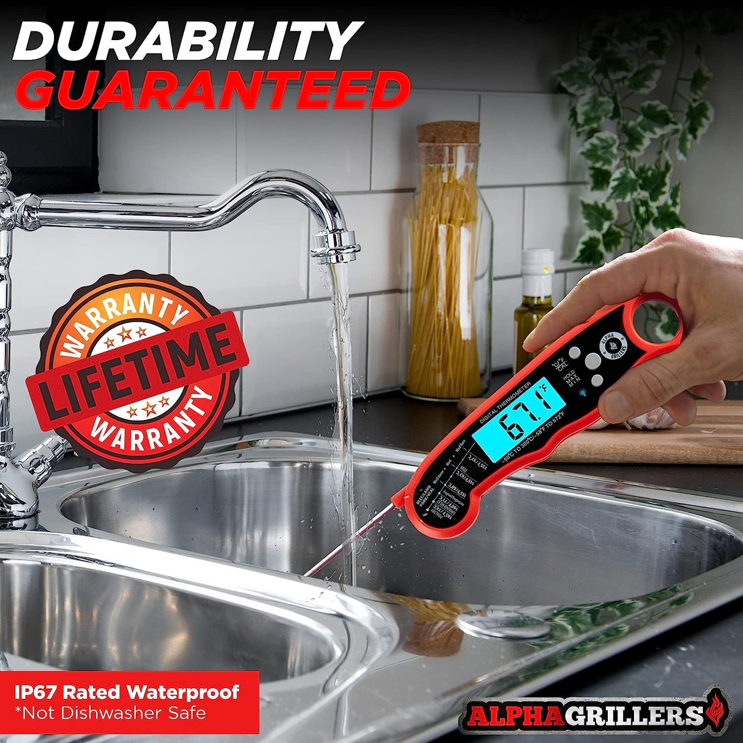 Alpha Grillers Instant Read Meat Thermometer for Grill and Cooking. Best Waterproof Ultra Fast Thermometer with Backlight & Calibration. Digital Food Probe for Kitchen, Outdoor Grilling and BBQ!