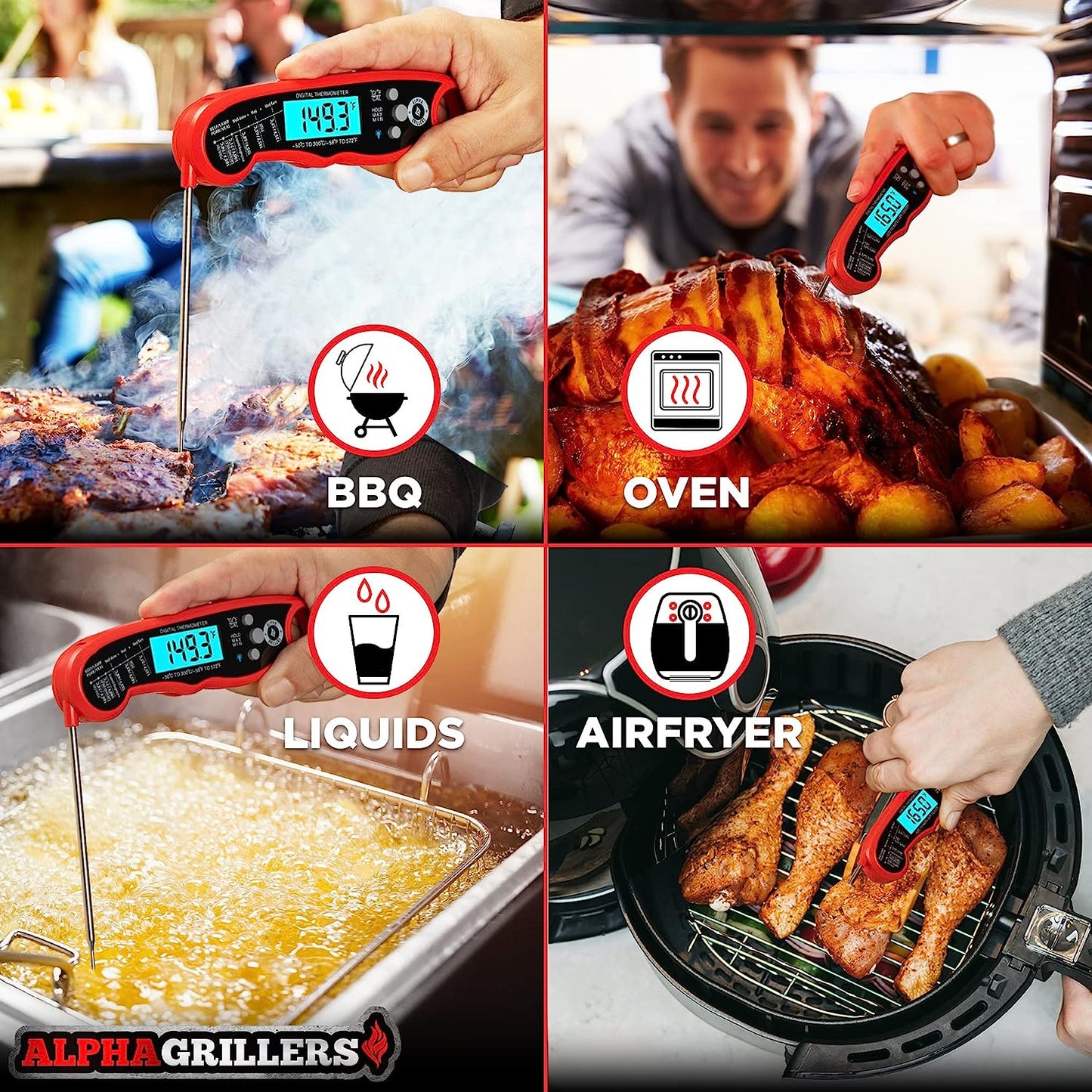 Alpha Grillers Instant Read Meat Thermometer for Grill and Cooking. Best Waterproof Ultra Fast Thermometer with Backlight & Calibration. Digital Food Probe for Kitchen, Outdoor Grilling and BBQ!