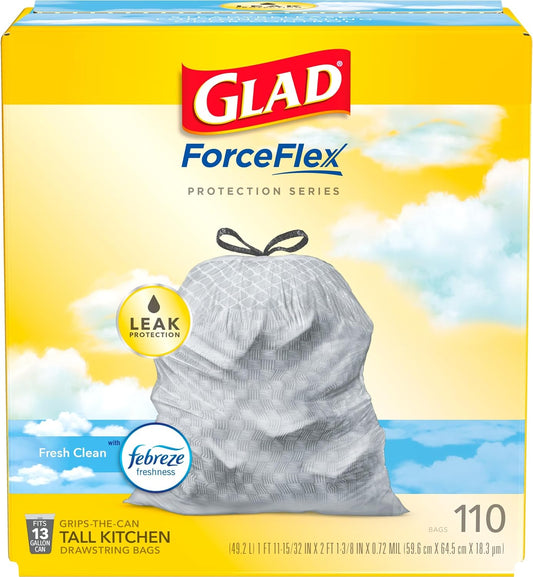 Glad ForceFlex Tall Kitchen Drawstring Trash Bags, 13 Gal, Fresh Clean Scent with Febreze, 110 Ct